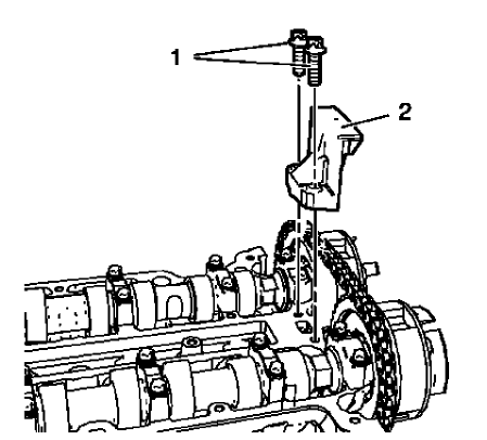 Fig. 75: Upper Timing Chain Guide And Bolts