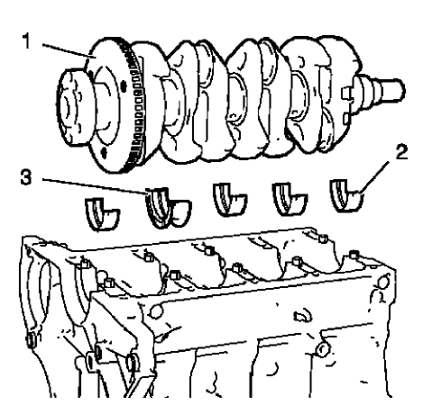 Fig. 318: Crankshaft, Upper Crankshaft Bearings And Upper Crankshaft Thrust Bearing
