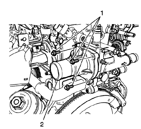 Fig. 56: Thermostat Housing And Retaining Bolts
