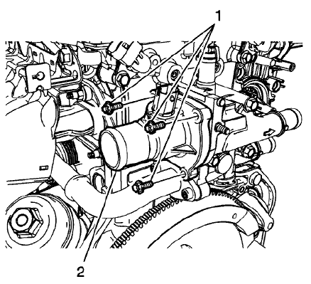 Fig. 59: Thermostat Housing And Retaining Bolts