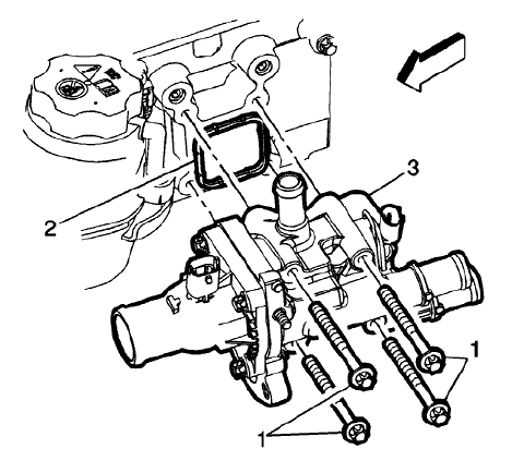 Fig. 47: Engine Coolant Thermostat Housing, Seal And Mounting Bolts