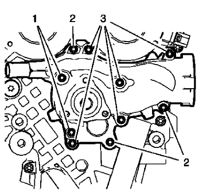 Fig. 76: Water Pump And Engine Front Cover Bolts