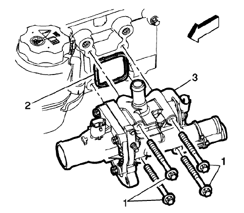 Fig. 48: Engine Coolant Thermostat Housing, Seal And Mounting Bolts