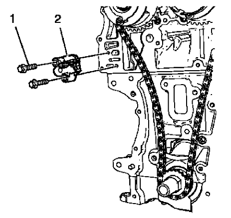 Fig. 409: Timing Chain Tensioner And Bolts