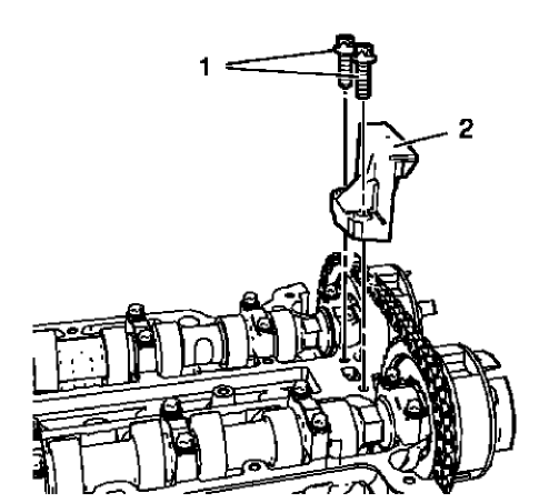Fig. 420: Upper Timing Chain Guide And Bolts