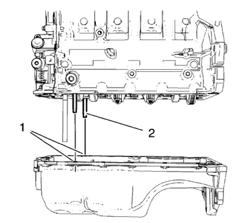 Fig. 423: Engine Oil Pan Pins And Screw Bores