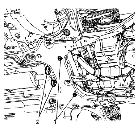 Fig. 14: Steering Rack Retaining Bolts And Exhaust Isolators